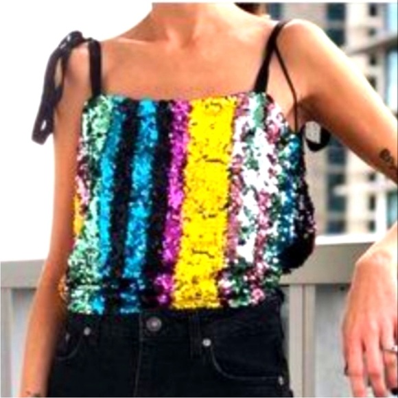Zara Multicolored Sequin Striped Crop Top Size Small NWT - Picture 2 of 10